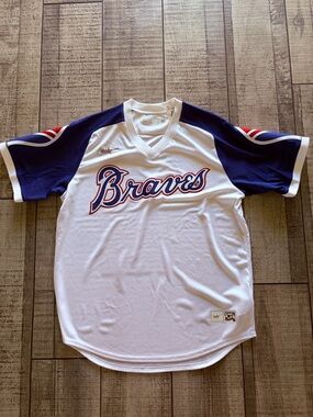 Nike Atlanta Braves Cooperstown Collection MLB Jersey White Navy Blue Size L